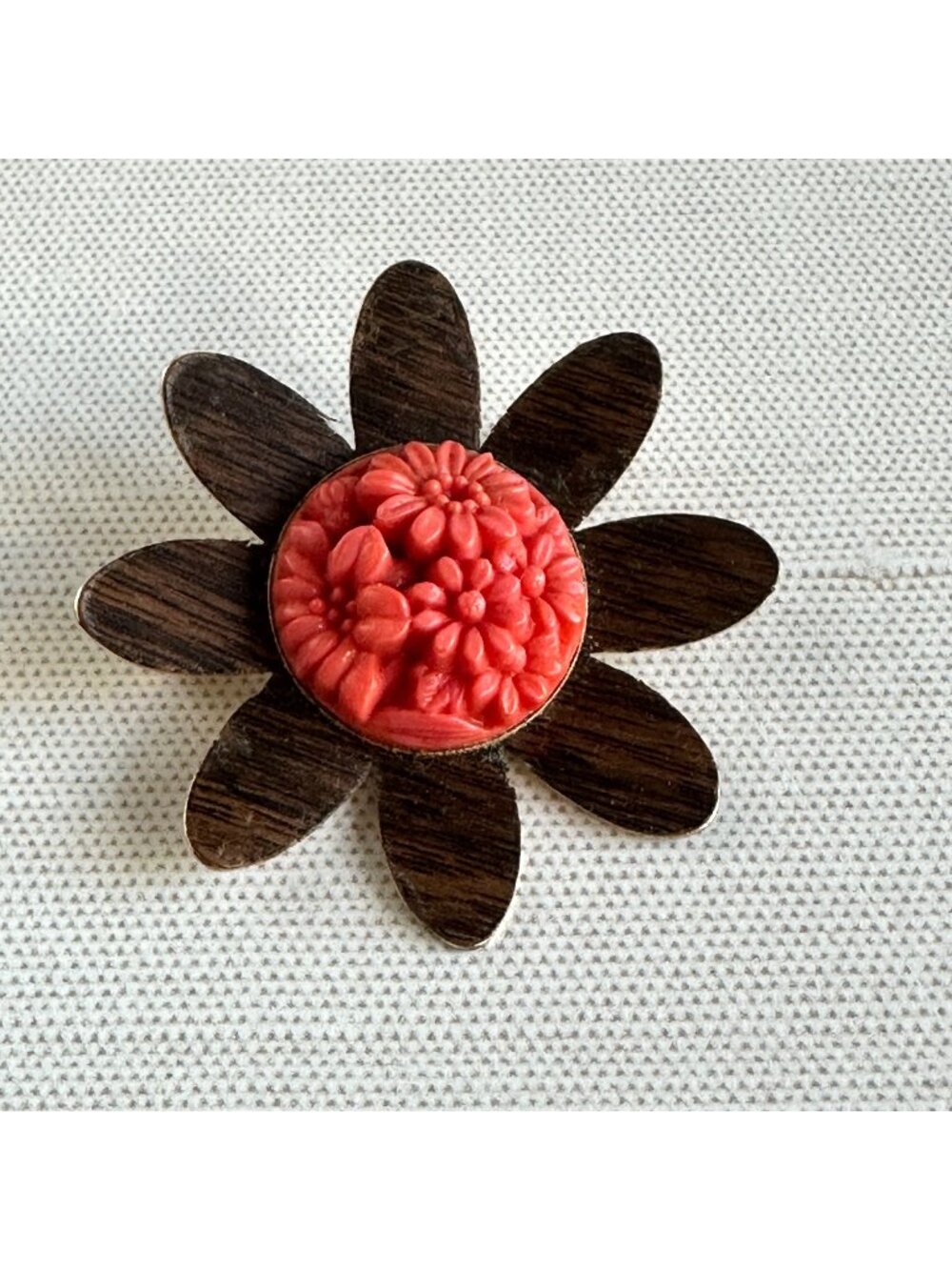 Vintage 1940s Wood and Celluloid Flower Brooch Coral Floral Pin